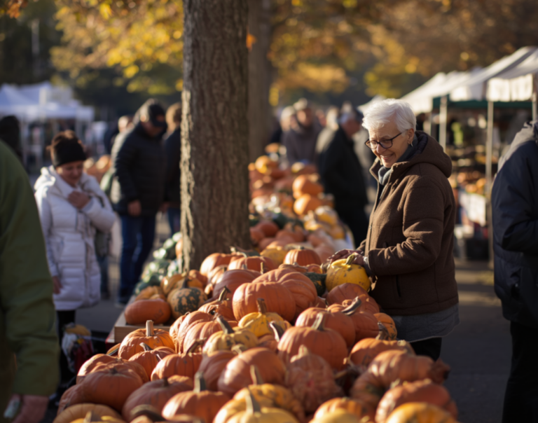 Senior exploring pumpkins and fresh seasonal produce at a local farmers market during the Ontario fall harvest.